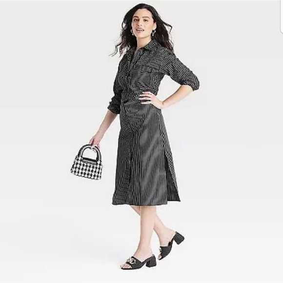 Women's Versatile Long Sleeve Midi Shirtdress - A New Day Black/White Striped XL - Picture 2 of 7